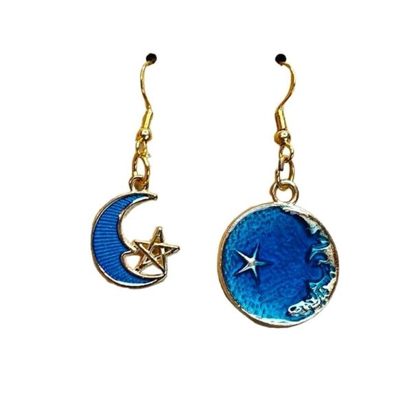 Gold and Blue Celestial Dangle Earrings - Picture 1 of 1
